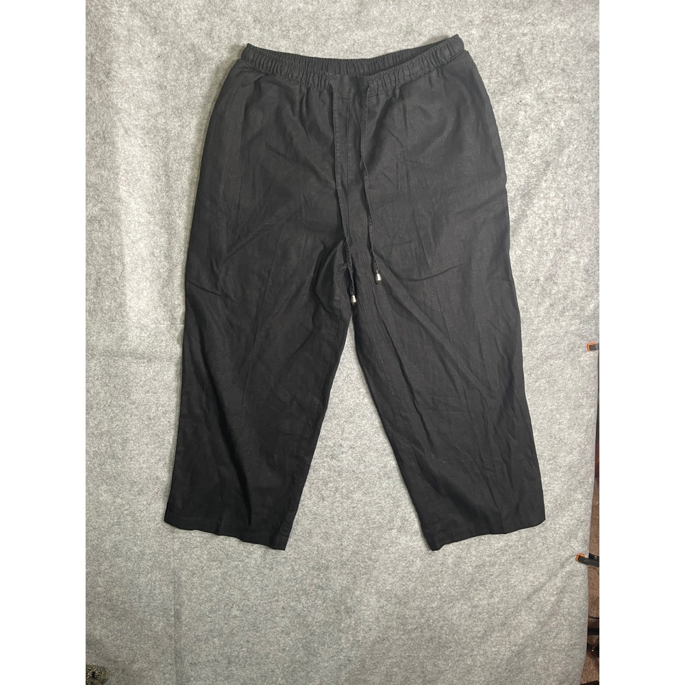 Sag Harbor Womens Black Linen Blend Drawstring Elastic Waist Crop Pants Medium